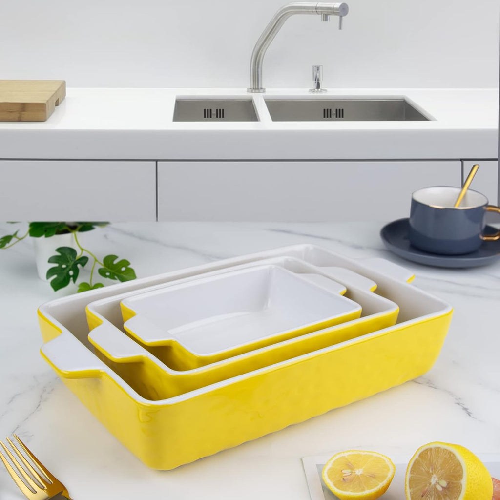 Ceramic Bakeware Set of 3 Piece, Rectangular Baking Pan Set, Porcelain Baking Pans Rectangular Casserole Pan for Cake, Lasagna, 11.7 X 8 X 2.7 Inches, Yellow