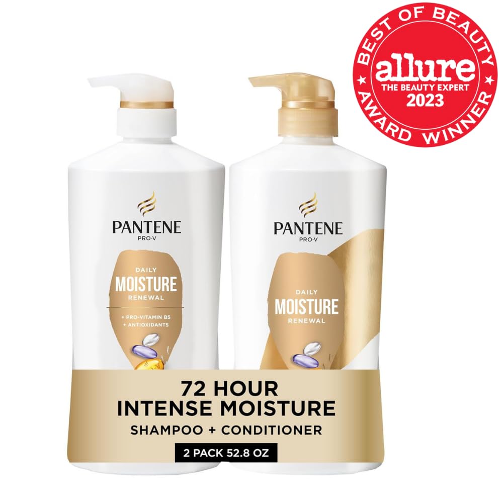 Pantene Shampoo & Conditioner Set, Daily Moisture Renewal - Pro-V Nutrients for Dry, Color-Treated, Straight to Curly Hair, 72-Hour Hydration & Softness, 52.8 Oz Total + Miracle Rescue Shot (0.5 Oz)
