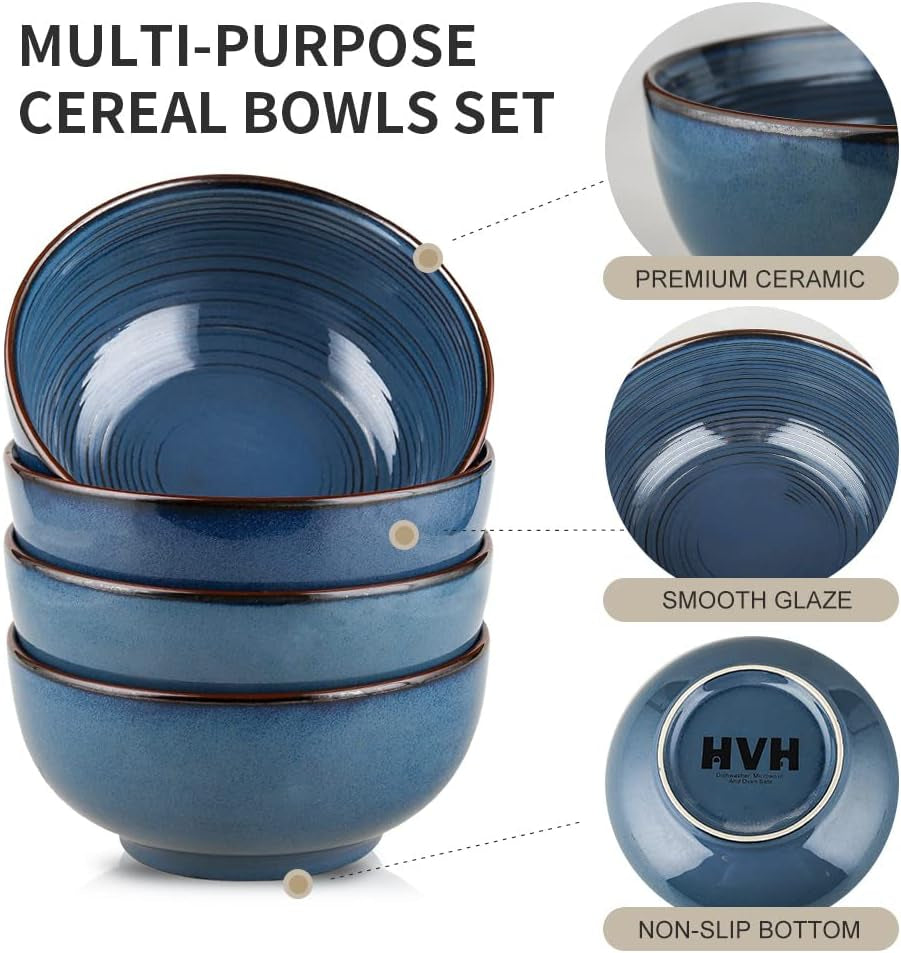 Ceramic Cereal Bowls Set of 4, Soup Bowls Microwave Safe, 24 Oz Ceramic Bowls for Kitchen, Salad, Oatmeal, Soup, Noodle, Farmhouse Style (Blue)