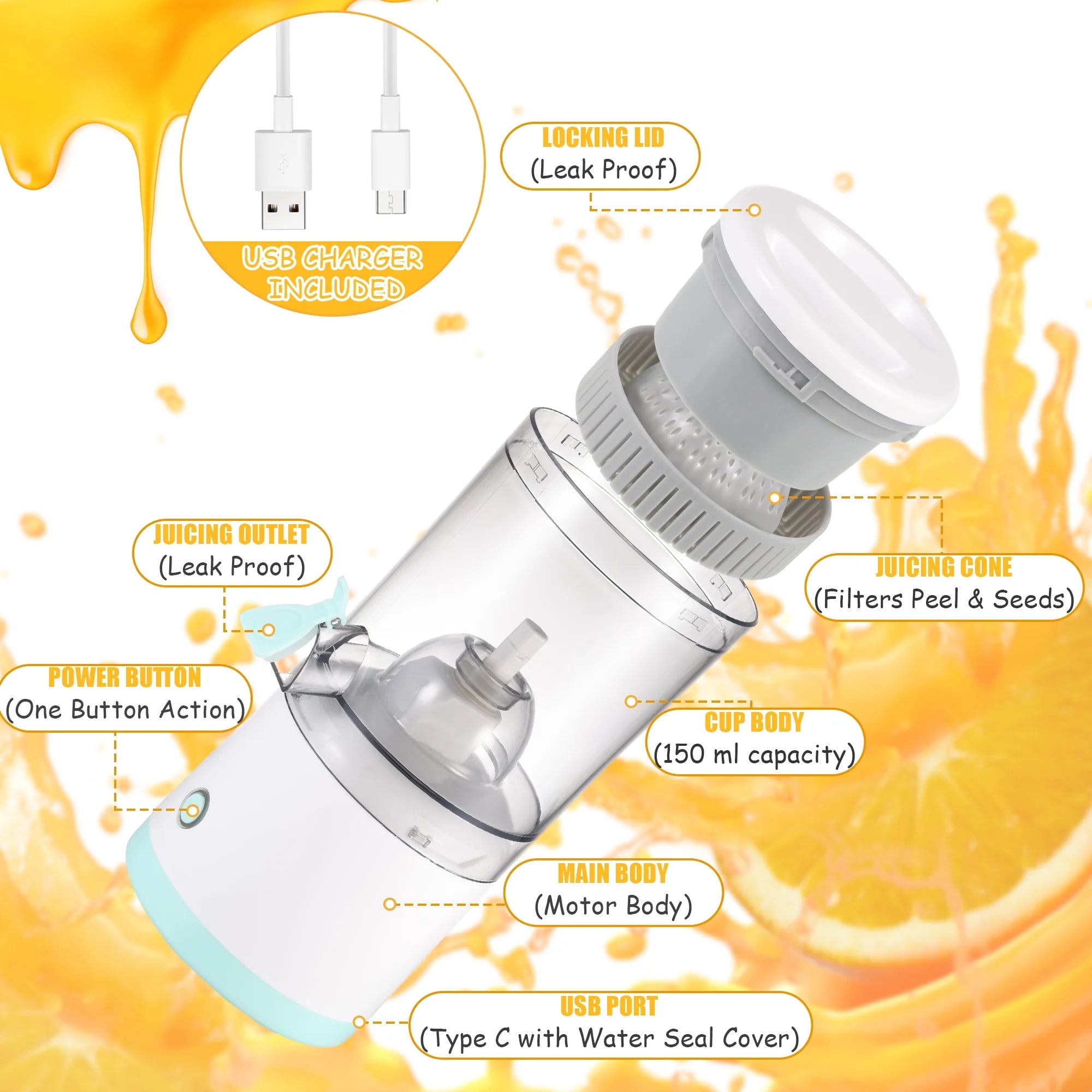 Portable Electric Juicer, 45 Watts USB Rechargeable Electric Citrus Juicer Machines for Orange, Lemon, Grapefruit