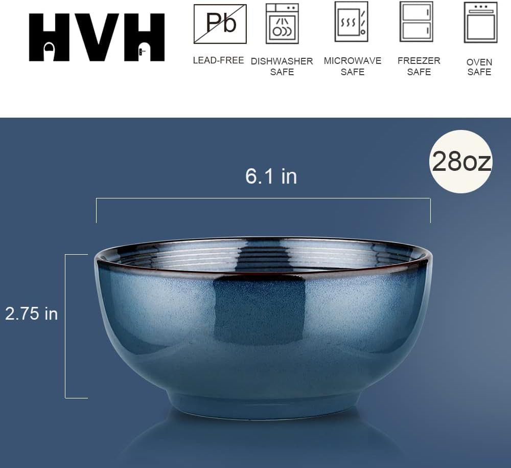 Ceramic Cereal Bowls Set of 4, Soup Bowls Microwave Safe, 24 Oz Ceramic Bowls for Kitchen, Salad, Oatmeal, Soup, Noodle, Farmhouse Style (Blue)