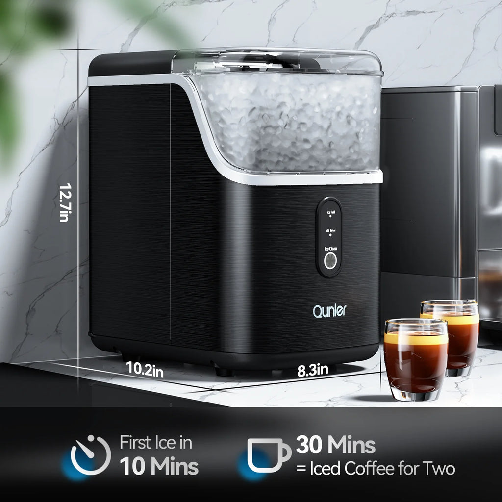 Nugget Ice Maker Countertops, 33Lbs per Day Portable Pebble Ice Machine, Crushed Ice Maker with Soft Chewable Ice for Home, Party, RV, Camping, Stainless Steel Black