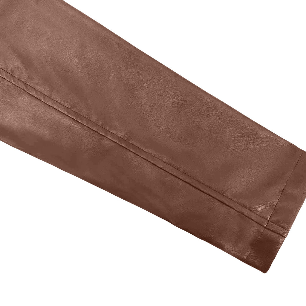 Women'S PU Leather Short Zipper Jacket Women'S plus Fashion Top Long Sleeve Hoodless Slim Solid Female Outwear Coffee 8