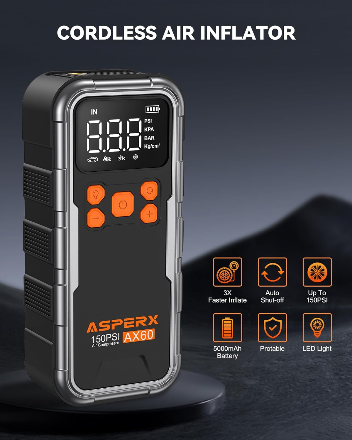 Portable Tire Inflator and Air Compressor, 150PSI Cordless Pump with Digital Pressure Gauge and Emergency LED Light for Cars, Motorcycles, and Sports Equipment