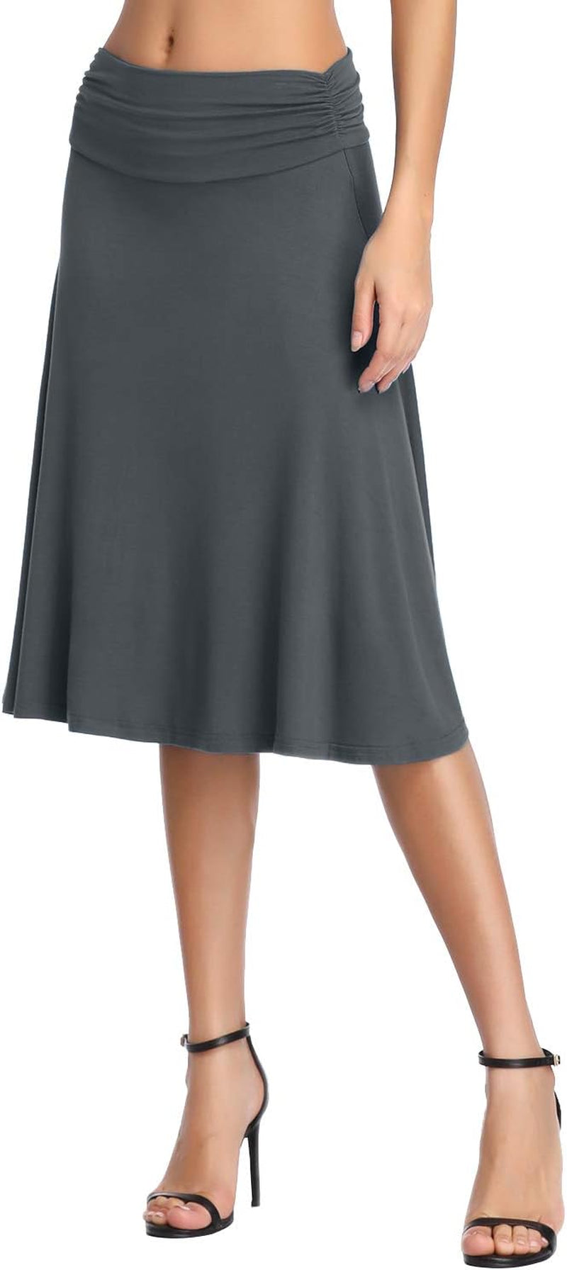 Women'S Ruched High Waist Knee Length Jersey A-Line Stretchy Flared Casual Skirt