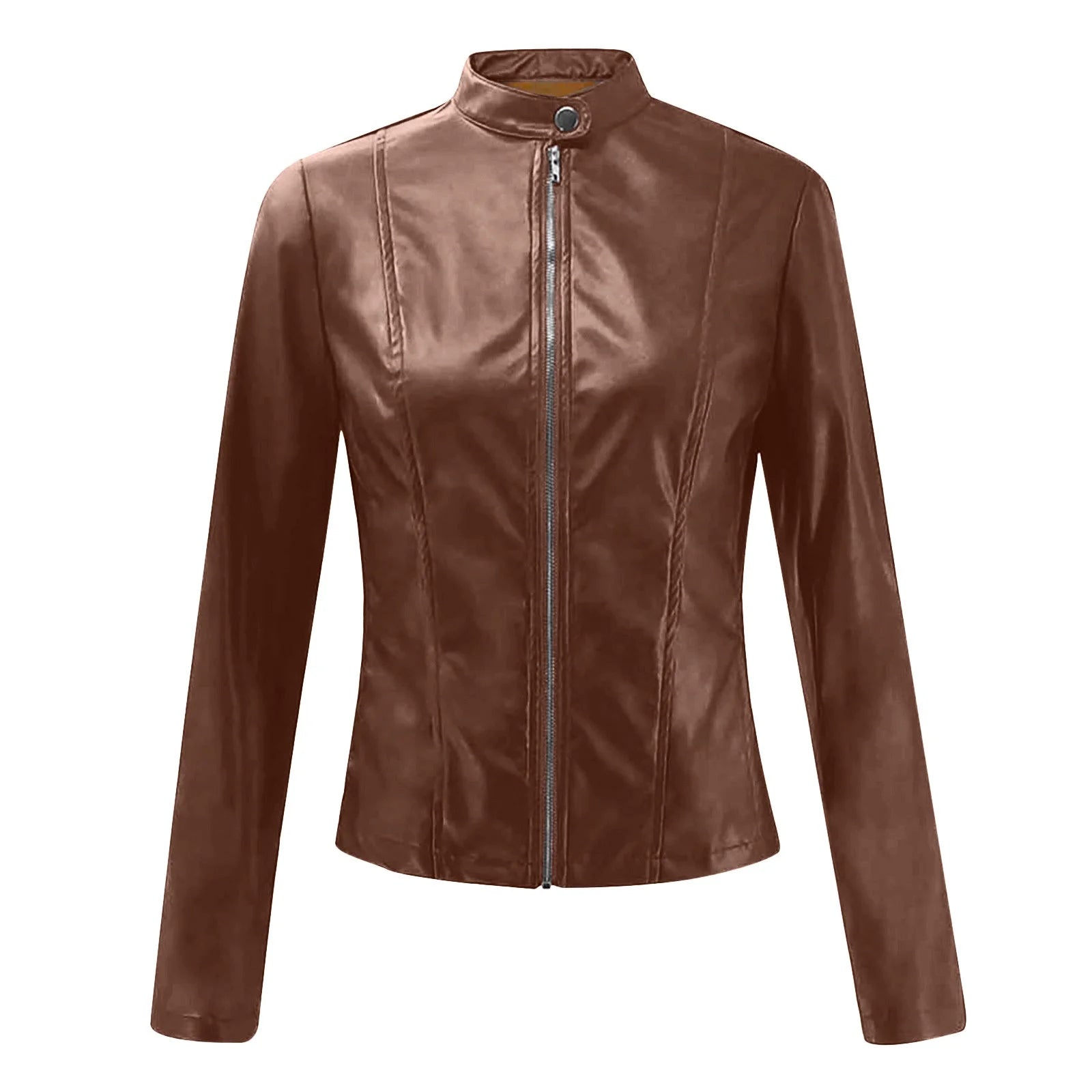 Women'S PU Leather Short Zipper Jacket Women'S plus Fashion Top Long Sleeve Hoodless Slim Solid Female Outwear Coffee 8