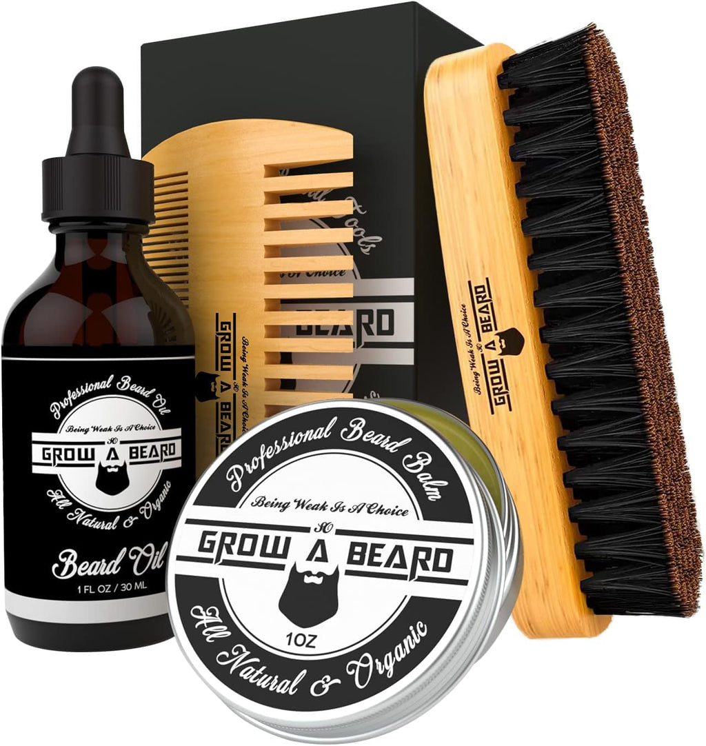 Beard Brush, Beard Comb, Beard Oil, & Beard Balm Grooming Kit for Men'S Care, Travel Facial Hair Set for Growth, Styling, Shine & Softness, Great Gifts for Him