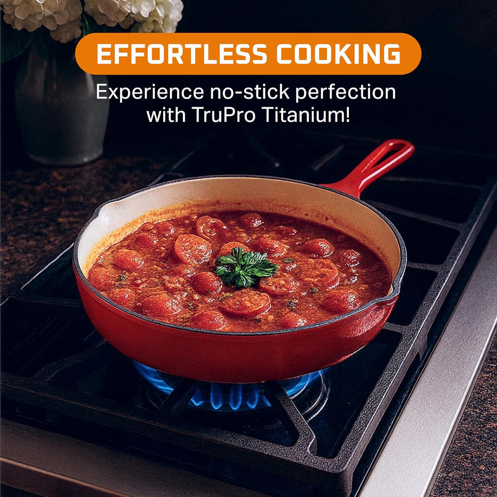 Enameled Cast Iron Skillet Set of 3-8, 10, and 12-Inch Non Stick Frying Pans with Tempered Glass Lids - Versatile Cast Iron Cookware Set for Casserole - Grill Pan for All Stovetops - Red