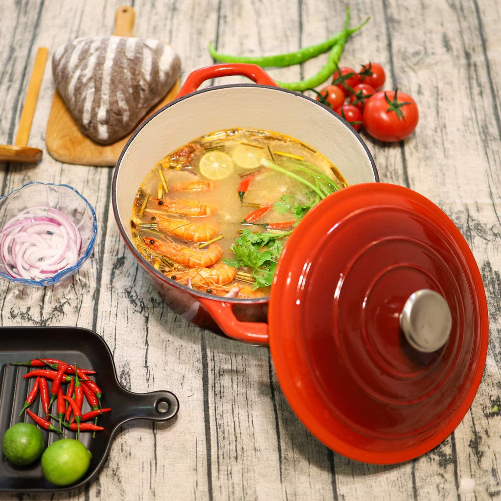 5.5 Quart Enameled Cast Iron Dutch Oven with Lid, 5.5 QT Deep round Dutch Oven Pot with Dual Handles -Red