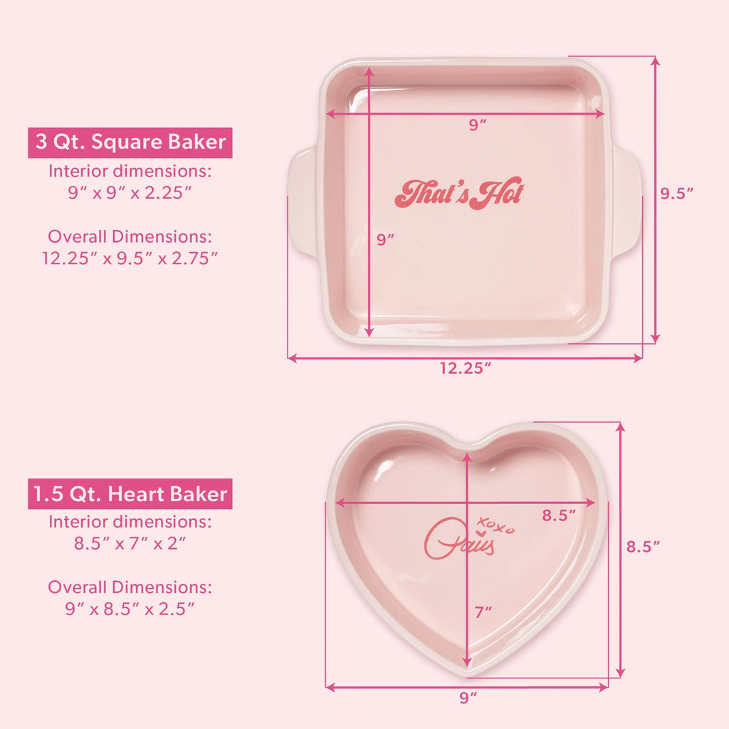 2 Piece Ceramic Baker Set, Square and Heart-Shaped, Stoneware Baking Set, Pink