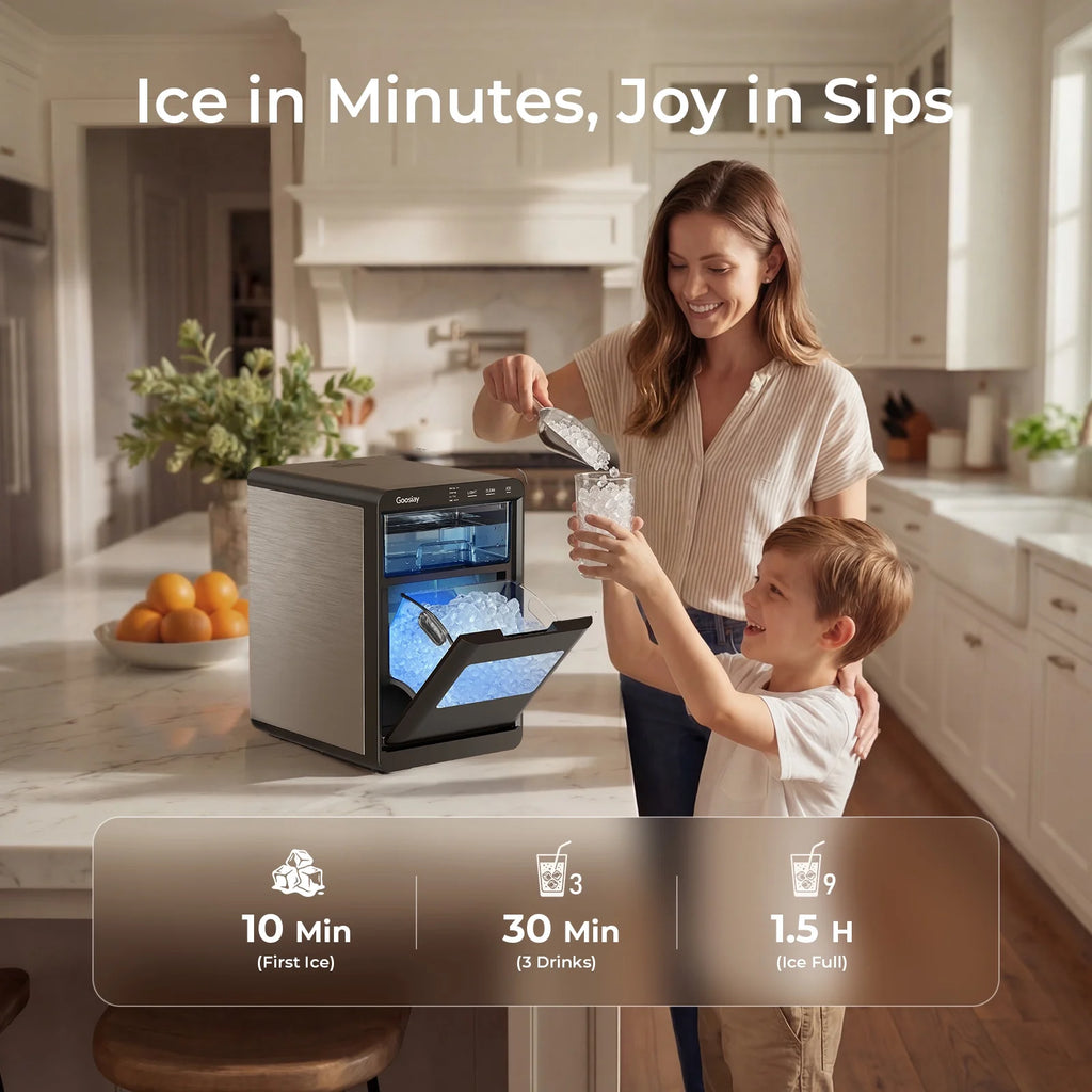 Nugget Ice Maker Countertop, 44Lbs per Day Portable Pebble Sonic Ice Machine with Soft Chewable Ice for Home, Kitchen, Office, RV, Camping, Stainless Steel, Black