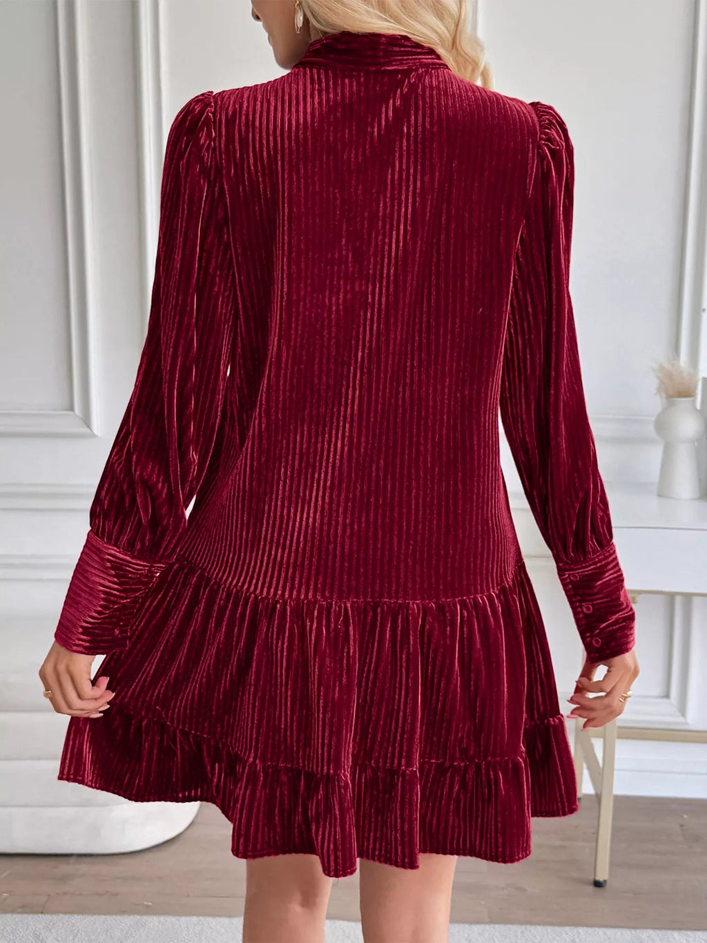 Velvet Tie Front Tiered Mini Dress