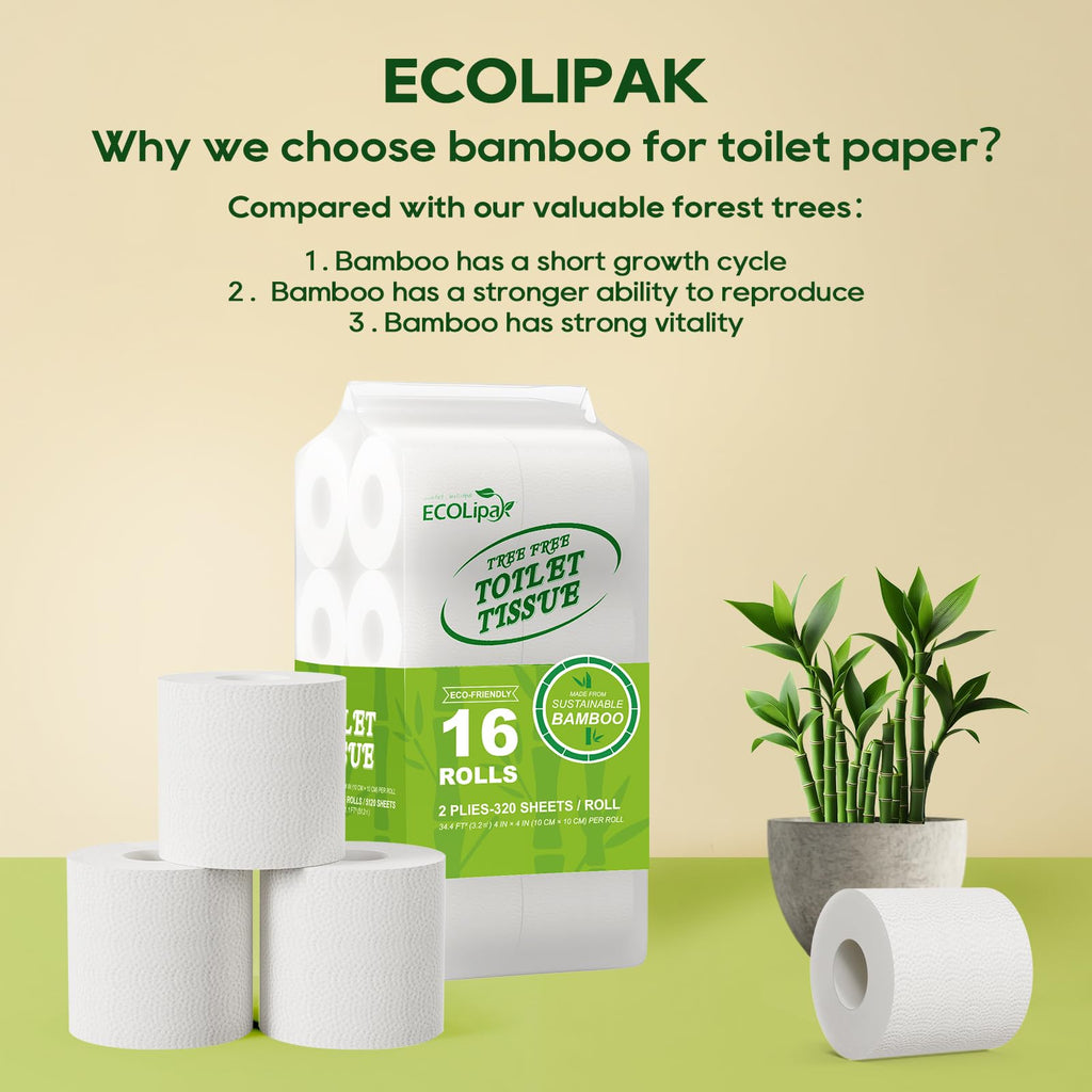 ECOLipak Bamboo Toilet Paper 2 Ply, 24 Double Rolls, 320 Sheets, White
