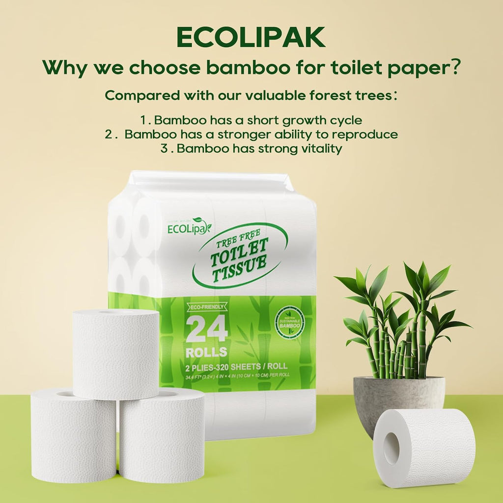 ECOLipak Bamboo Toilet Paper 2 Ply, 24 Double Rolls, 320 Sheets, White