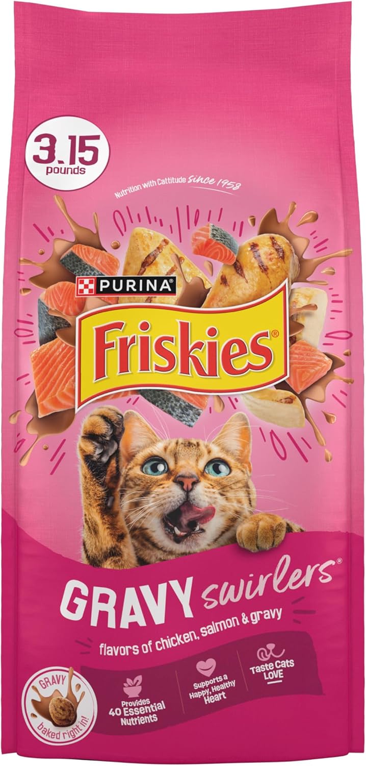 Purina Friskies Gravy Swirlers Dry Cat Food, Chicken & Salmon, 3.15 lb Bag