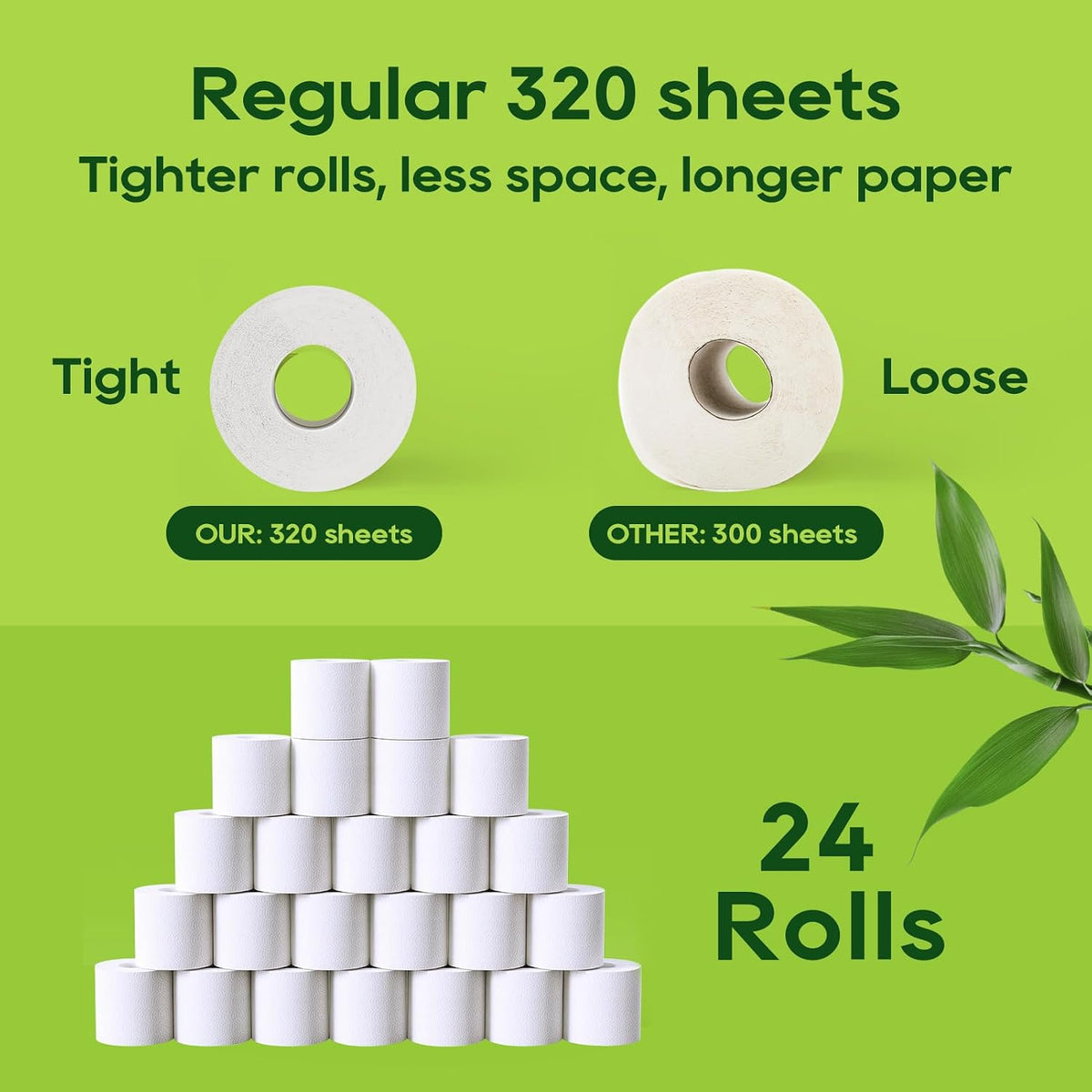 ECOLipak Bamboo Toilet Paper 2 Ply, 24 Double Rolls, 320 Sheets, White
