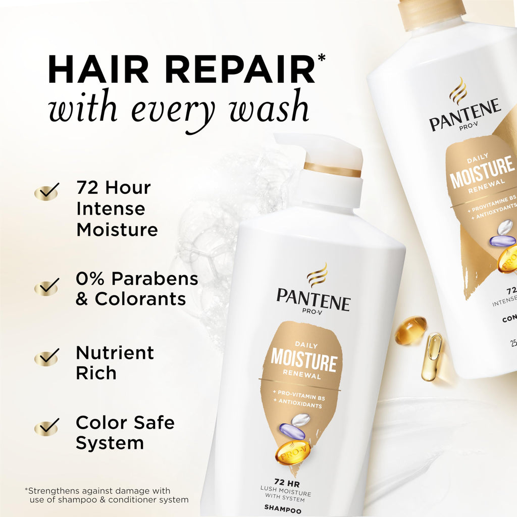 Pantene Shampoo & Conditioner Set, Daily Moisture Renewal - Pro-V Nutrients for Dry, Color-Treated, Straight to Curly Hair, 72-Hour Hydration & Softness, 52.8 Oz Total + Miracle Rescue Shot (0.5 Oz)