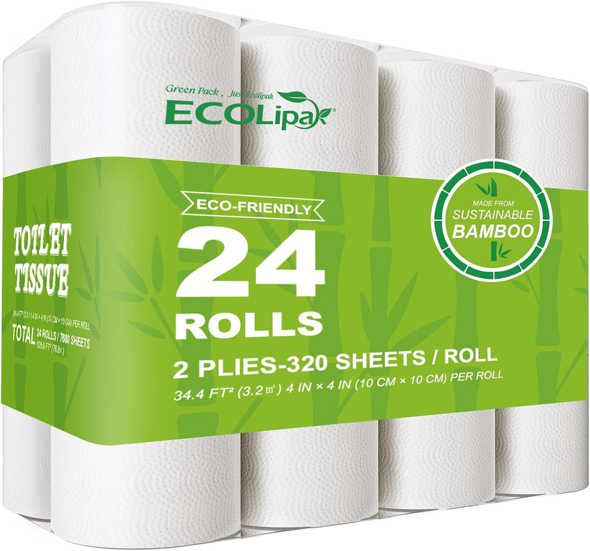 ECOLipak Bamboo Toilet Paper 2 Ply, 24 Double Rolls, 320 Sheets, White