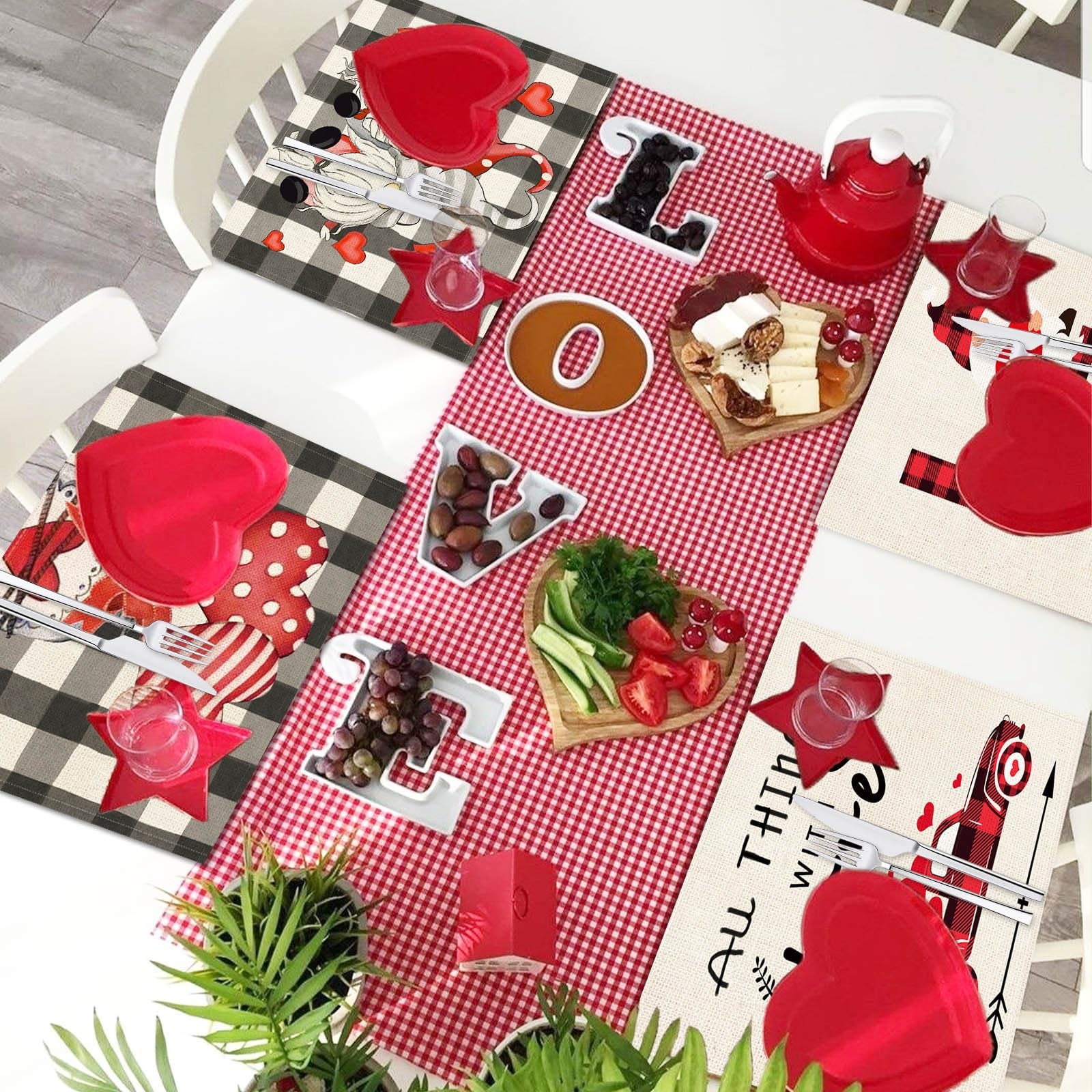 Valentines Day Placemats Set of 4, 17X12.5 Inches with Gnomes and Hearts Pattern for Holiday Parties and Family Gatherings,Amazon Is Banned