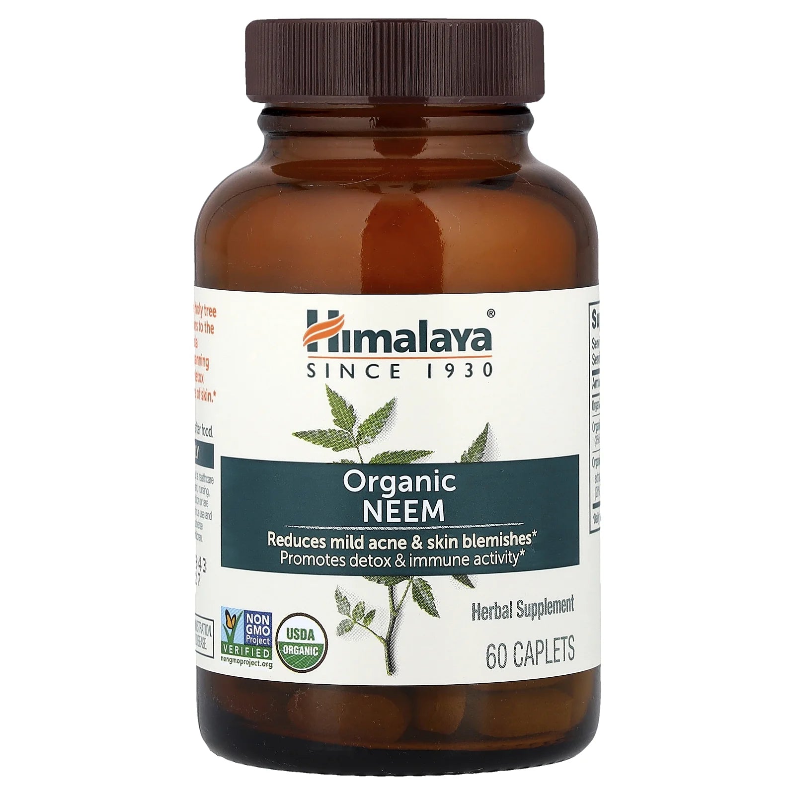 Organic Neem Herbal Skin Supplement, Mild Acne Supplement, Clear Skin, Purifying, 60 Plant-Based Caplets