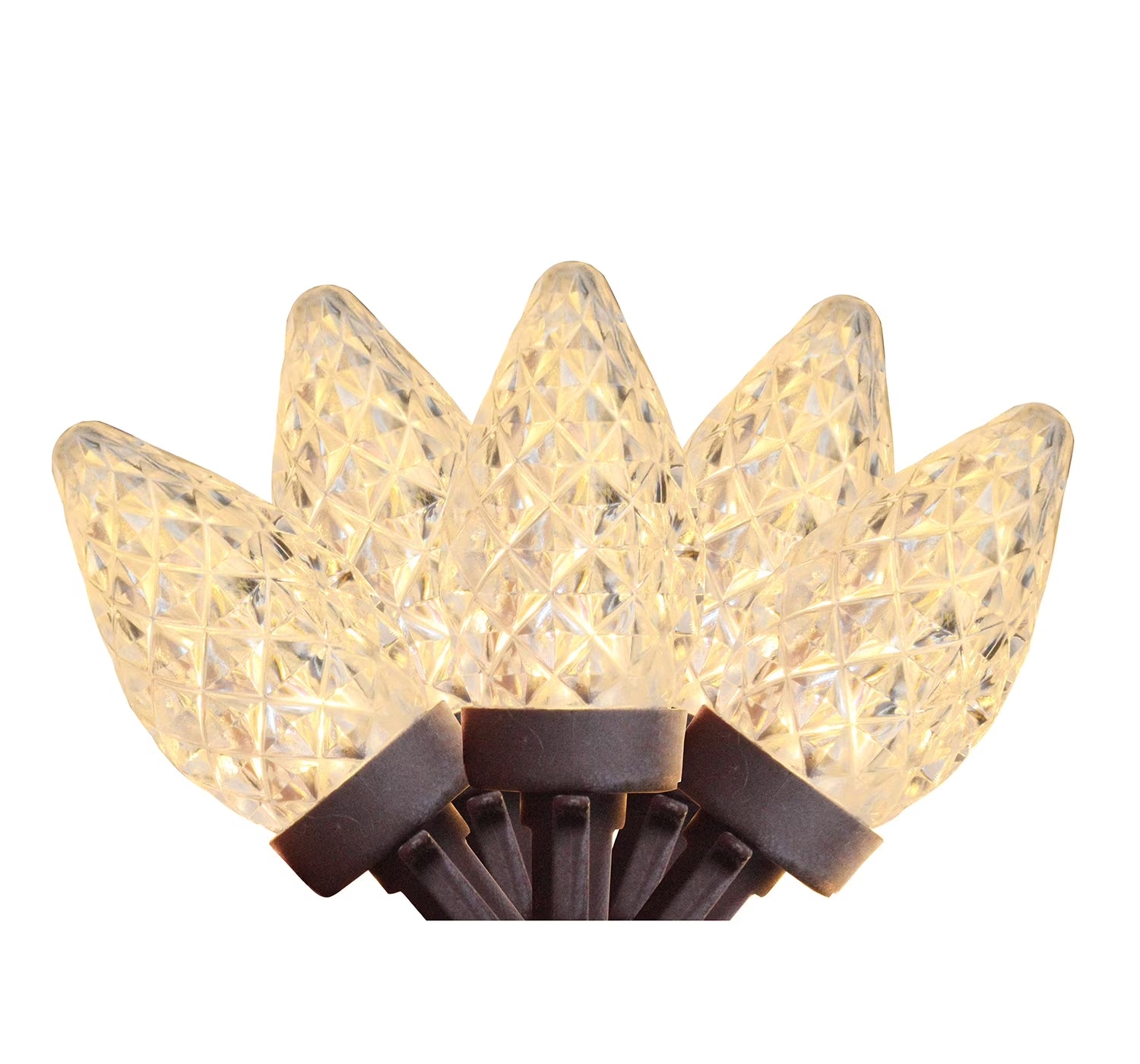 100 Warm White LED Faceted C7 Christmas Lights - 66 Ft Brown Wire