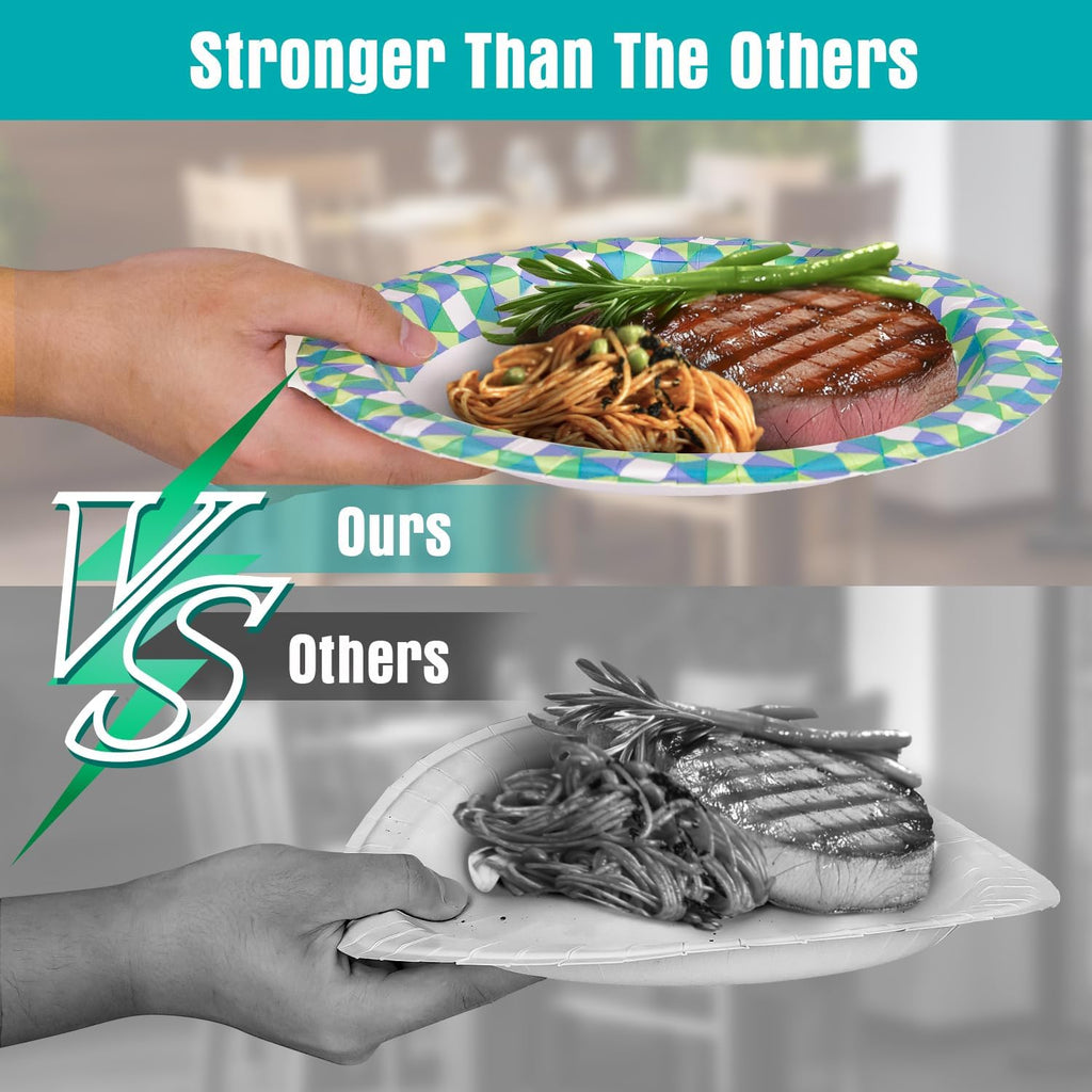 Paper Plates Bulk, 10 Inch Large Paper Plates, 100Pcs Disposable Paper Plates, Blue Paper Plates for Parties and Daily Use, Soak Proof, Cut Proof, Green Printed