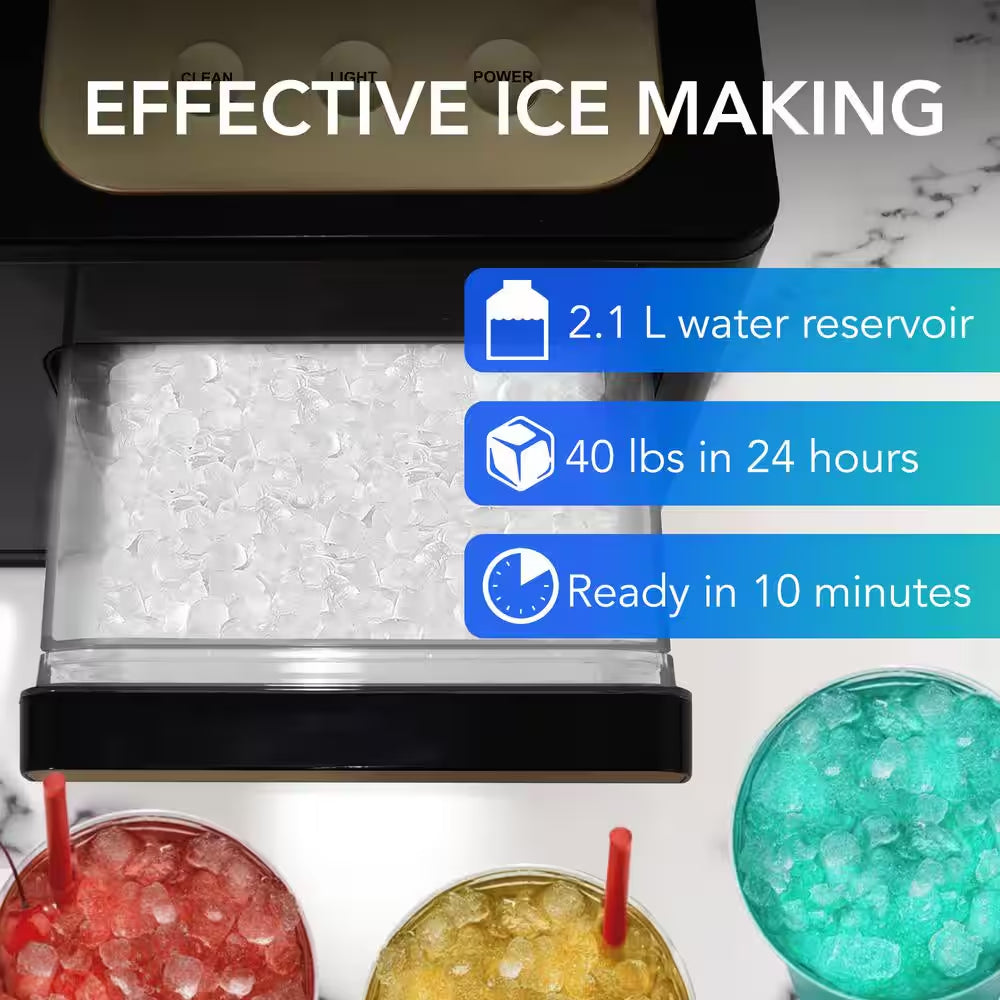 14.5 In. 40 Lbs Nugget Ice Maker Chewable Sonicsno Countertop Compact Ice Maker in Black Stainless Steel and Gold