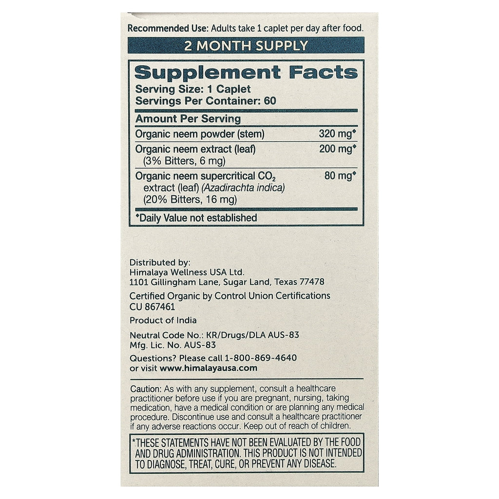 Organic Neem Herbal Skin Supplement, Mild Acne Supplement, Clear Skin, Purifying, 60 Plant-Based Caplets