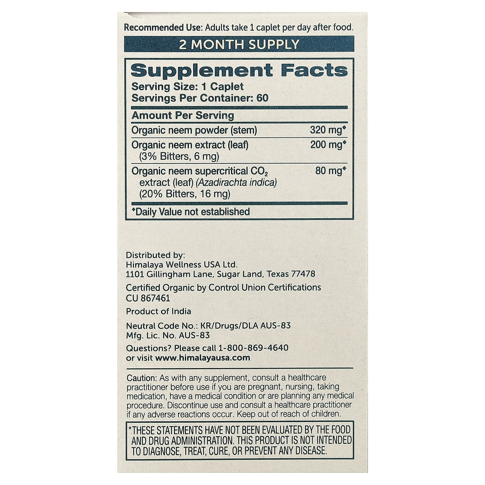 Organic Neem Herbal Skin Supplement, Mild Acne Supplement, Clear Skin, Purifying, 60 Plant-Based Caplets