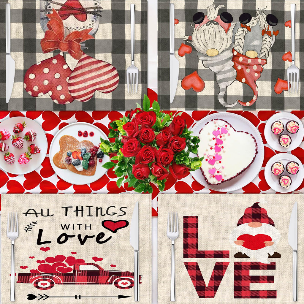 Valentines Day Placemats Set of 4, 17X12.5 Inches with Gnomes and Hearts Pattern for Holiday Parties and Family Gatherings,Amazon Is Banned