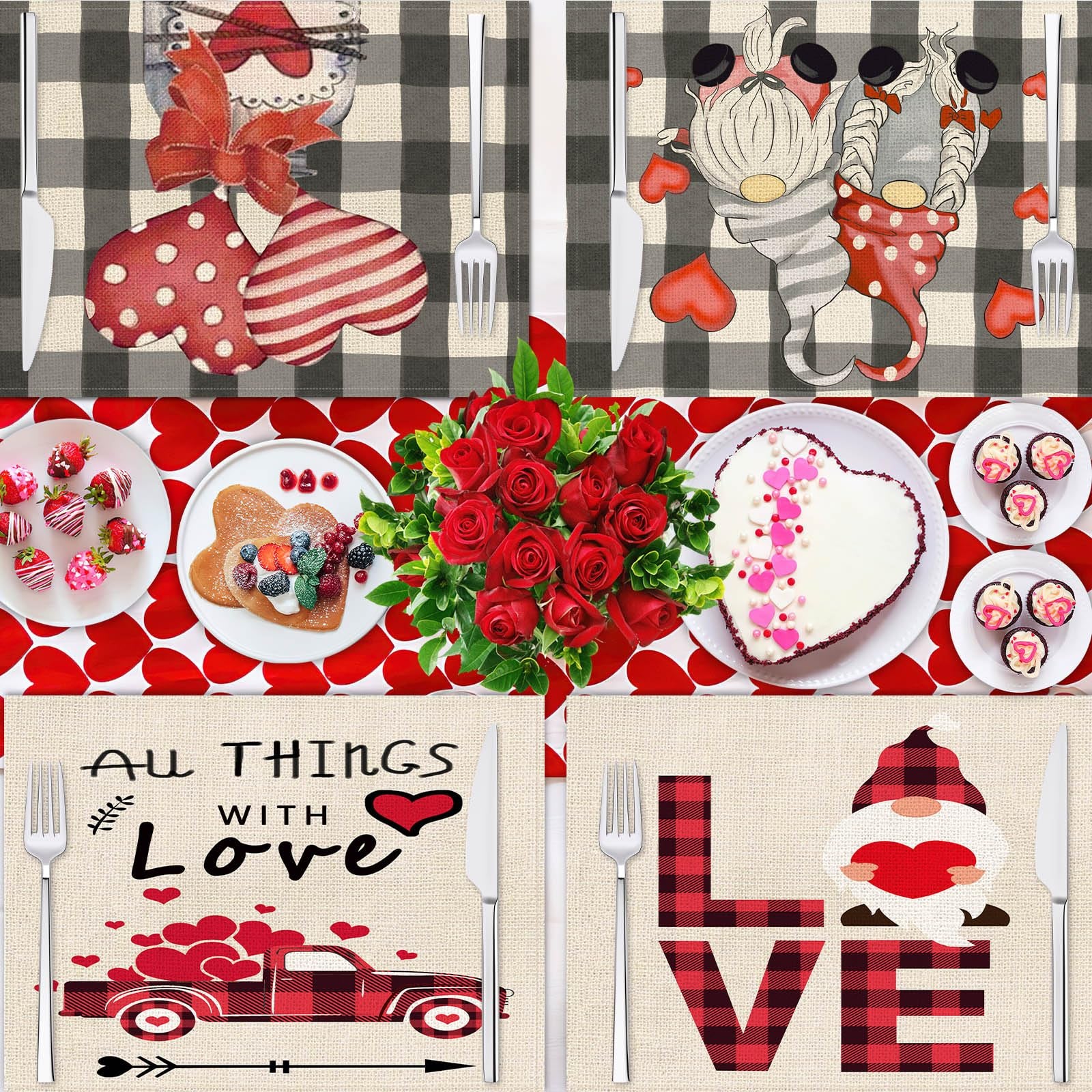 Valentines Day Placemats Set of 4, 17X12.5 Inches with Gnomes and Hearts Pattern for Holiday Parties and Family Gatherings,Amazon Is Banned