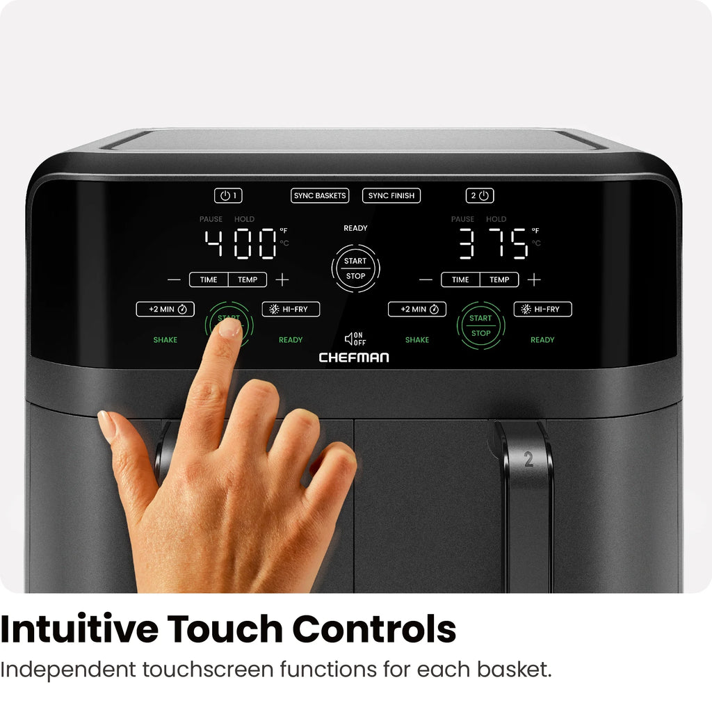 Dual Basket Air Fryer W/ Digital Touchscreen, 2 Independent 3 Qt Baskets, Sync Finish - Black