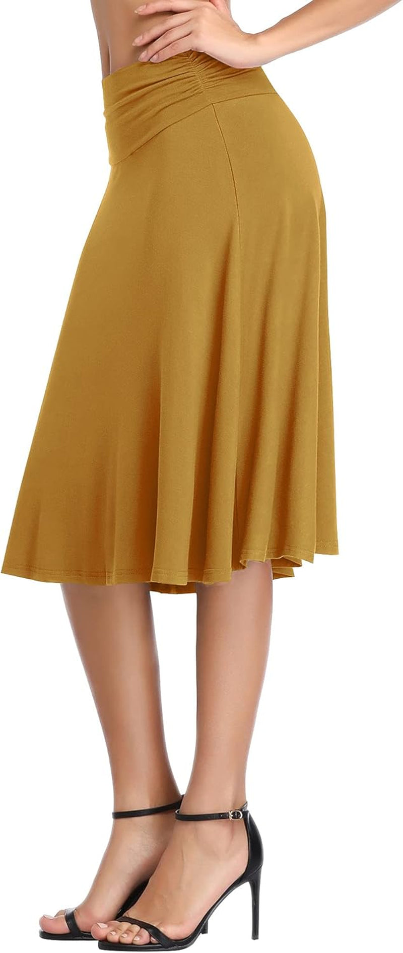 Women'S Ruched High Waist Knee Length Jersey A-Line Stretchy Flared Casual Skirt