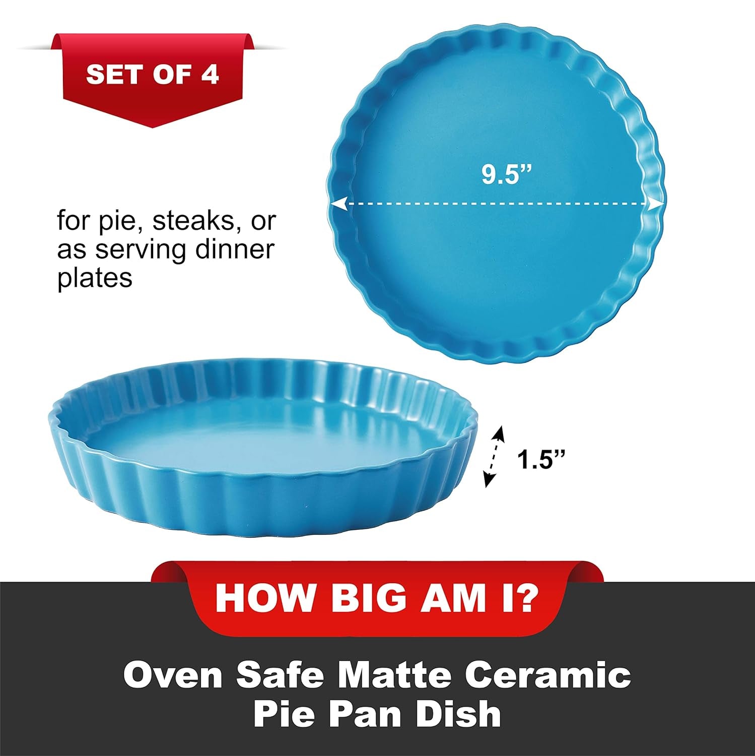 Ceramic Pie Pans Set of 4, Baking Dishes/Quiche Dish/Apple Pie/Tart. Oven Safe Nonstick Porcelain round Baking Plate/Pot/Tart Pan. 10"/ Blue