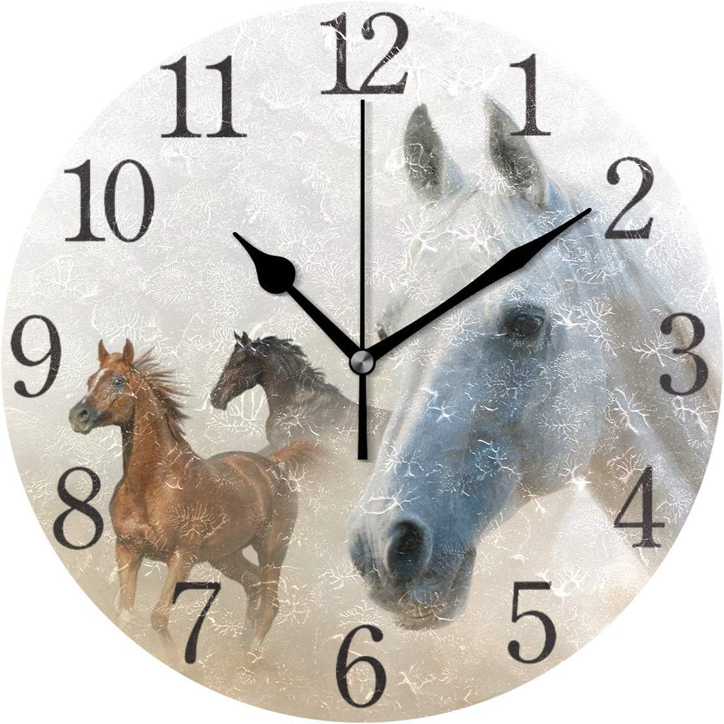 Wall Clock Silent 9.5 Inch Battery Operated Non Ticking round Decorative Acrylic Quiet Clocks for Bedroom Office School Home (2 Horses)…