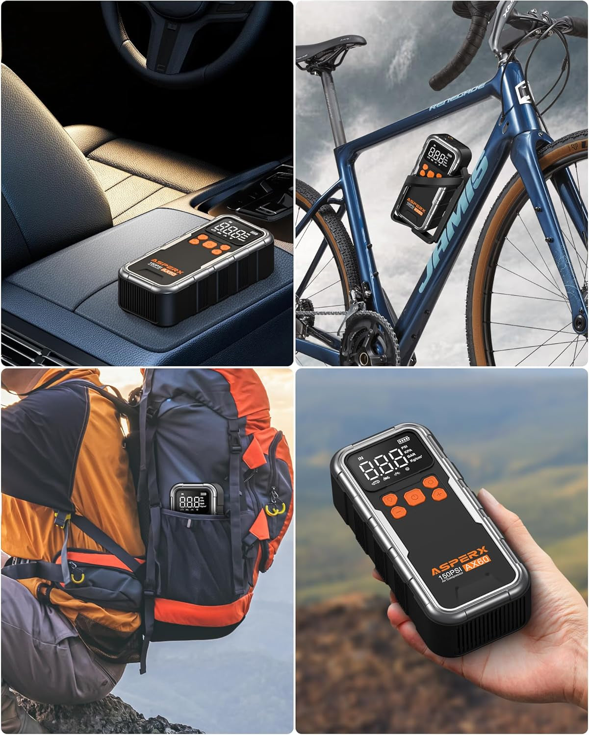 Portable Tire Inflator and Air Compressor, 150PSI Cordless Pump with Digital Pressure Gauge and Emergency LED Light for Cars, Motorcycles, and Sports Equipment
