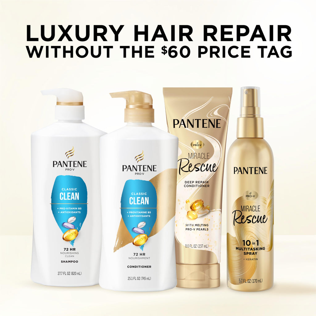 Pantene Shampoo & Conditioner Set, Daily Moisture Renewal - Pro-V Nutrients for Dry, Color-Treated, Straight to Curly Hair, 72-Hour Hydration & Softness, 52.8 Oz Total + Miracle Rescue Shot (0.5 Oz)