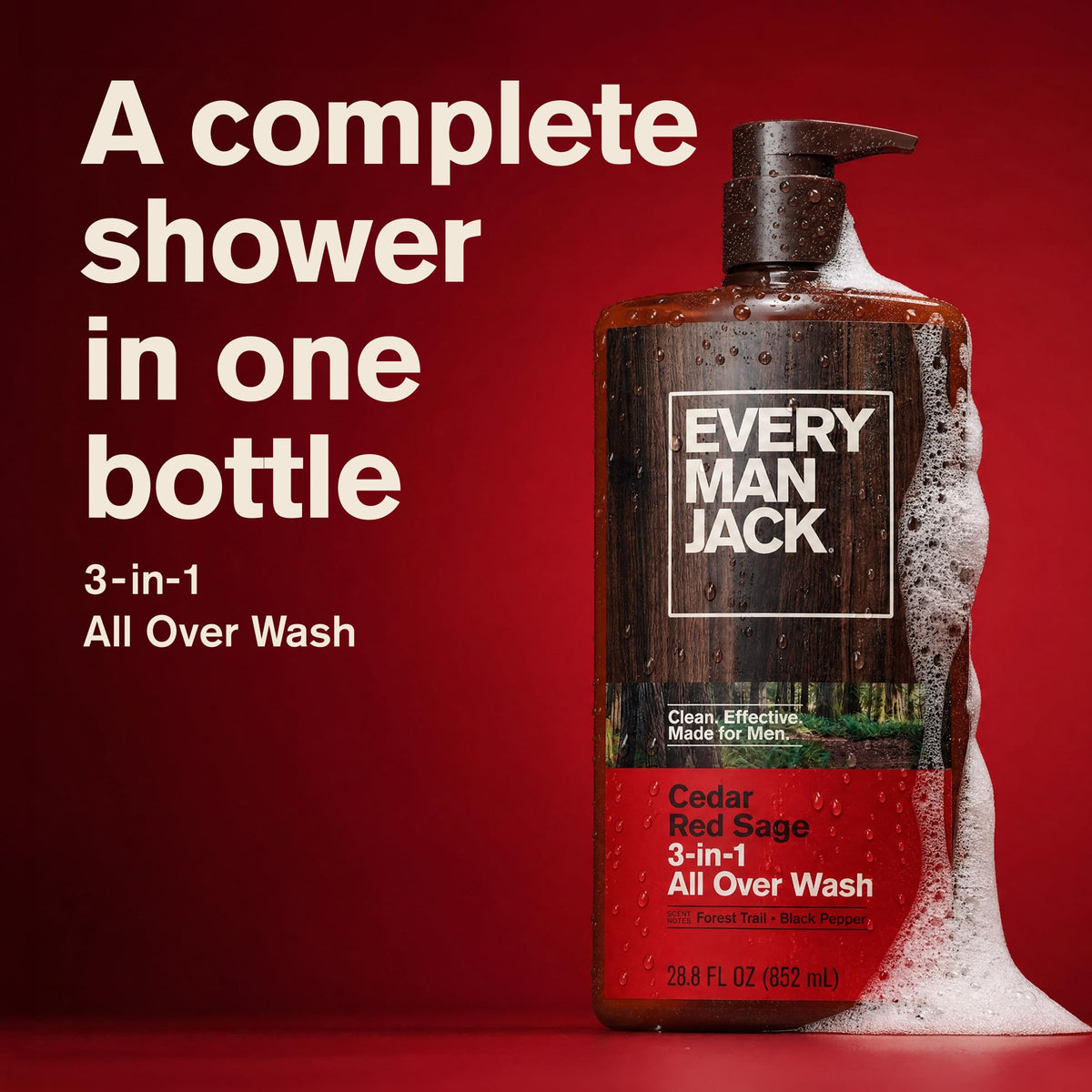 Every Man Jack 3-in-1 All Over Body Wash for Men, Amber Sandalwood, 2pk
