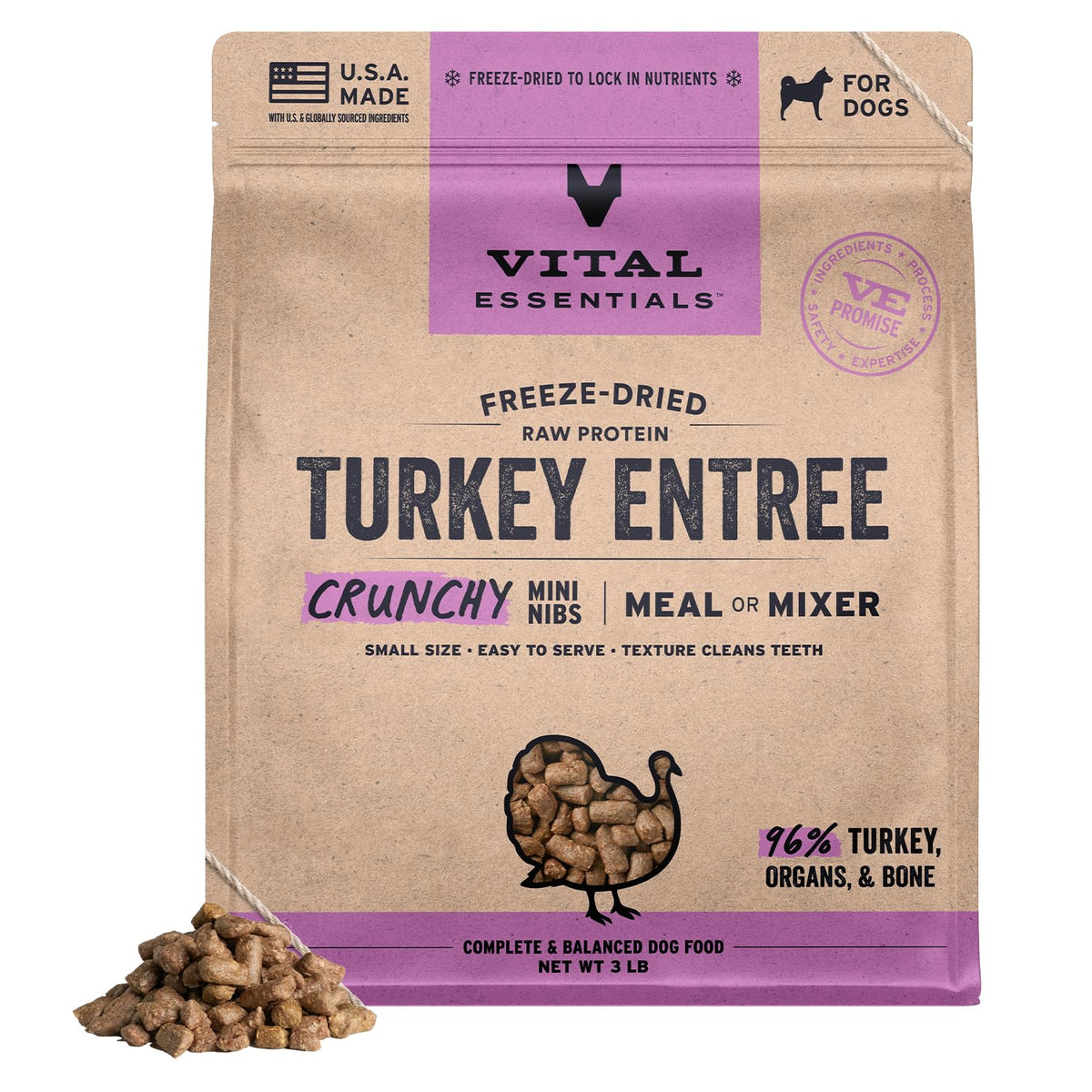 Vital Essentials Freeze Dried Dog Food, Turkey Crunchy Mini Nibs, 14 oz Bag