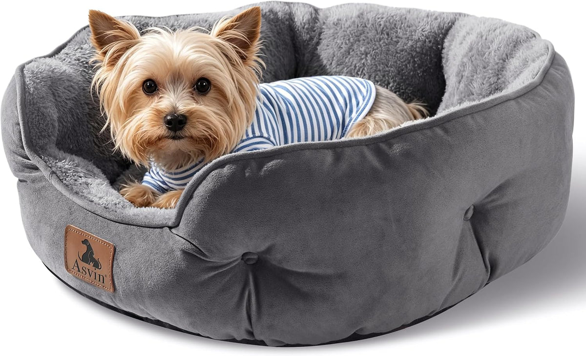 Asvin Small Dog Bed for Small Dogs, Cat Beds for Indoor Cats, Pet Bed for Puppy and Kitty, Extra Soft & Machine Washable with Anti-Slip & Water-Resistant Oxford Bottom, Grey, 20 inches