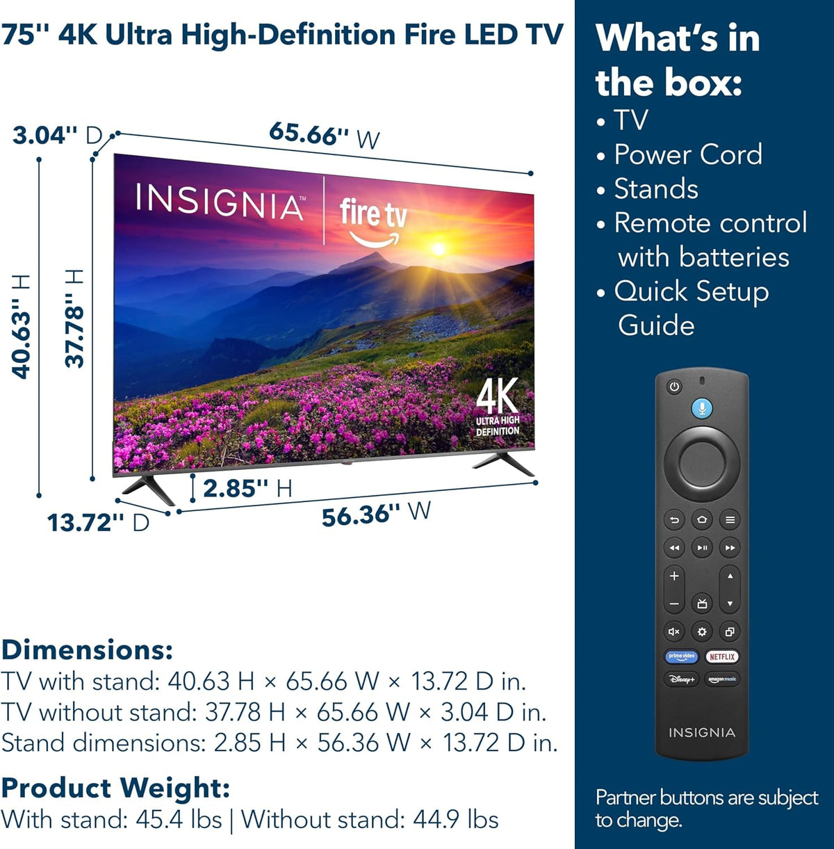 INSIGNIA 75" Class F50 Series LED 4K UHD Smart Fire TV, Voice Remote with Alexa, Stream Live TV Without Cable