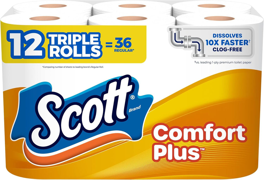 Scott ComfortPlus Toilet Paper, 12 Triple Rolls, 231 Sheets per Roll, Septic-Safe, 1-Ply Toilet Tissue