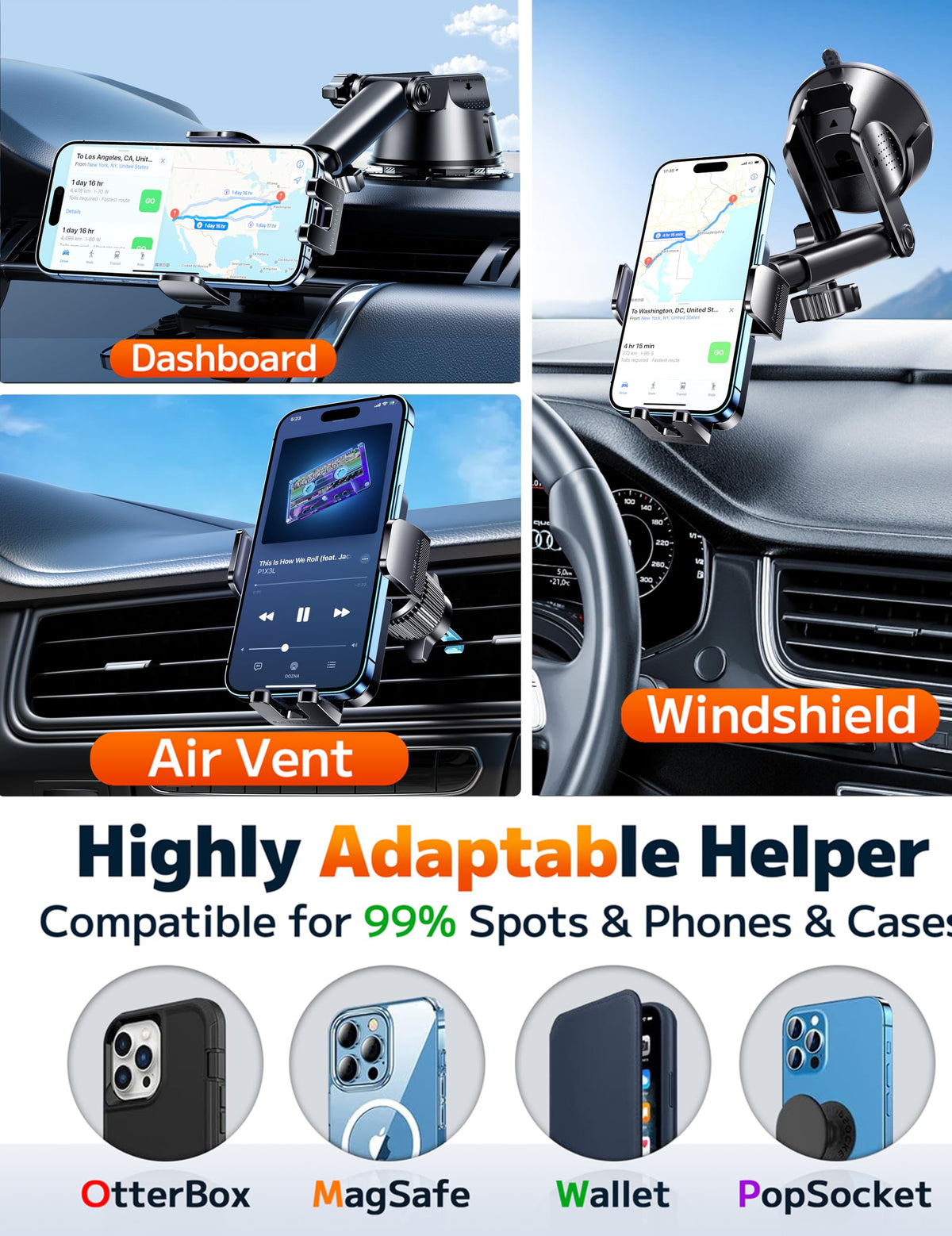 Qifutan Phone Holders for Your Car with Military-Grade Suction Phone Stand for Car [Super Stable] Automobile Car Mount for iPhone Universal Car Dashboard Windshield Mount Fit iPhone Smartphones