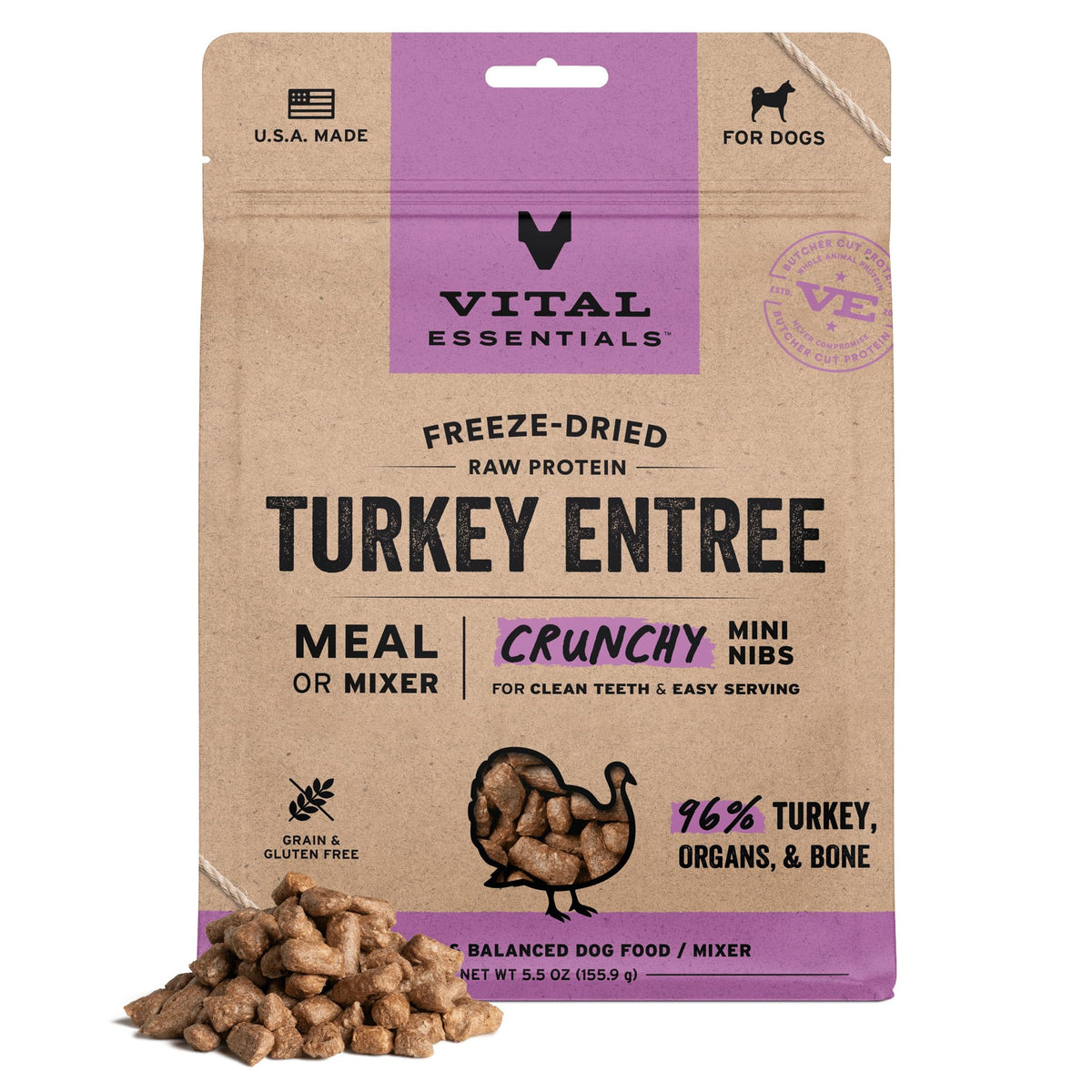 Vital Essentials Freeze Dried Dog Food, Turkey Crunchy Mini Nibs, 14 oz Bag