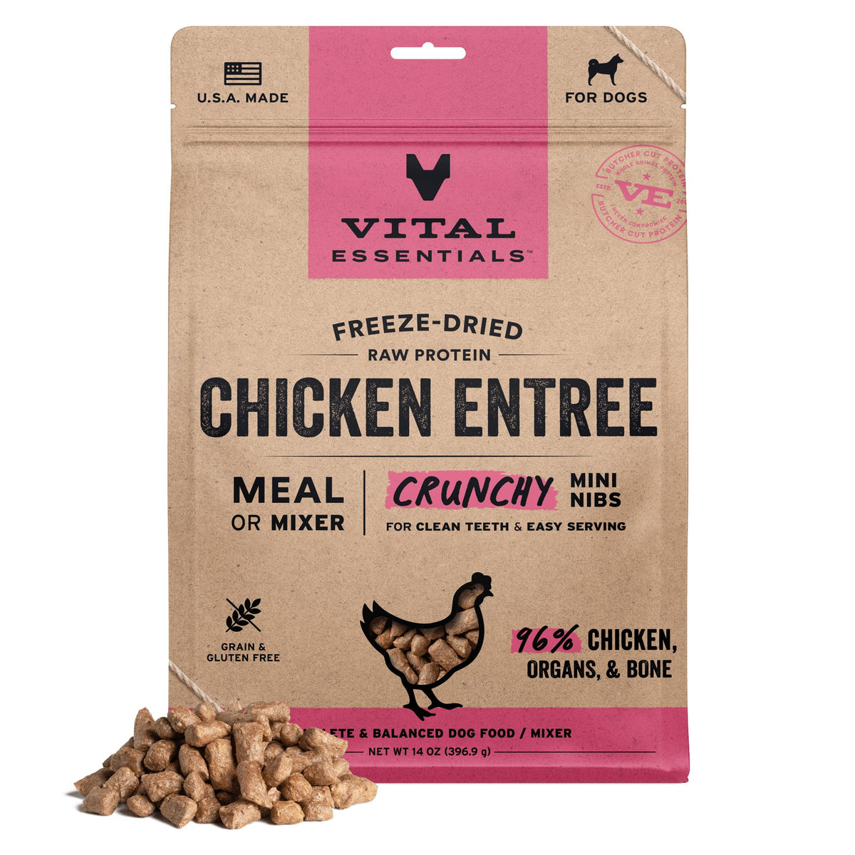 Vital Essentials Freeze Dried Dog Food, Turkey Crunchy Mini Nibs, 14 oz Bag