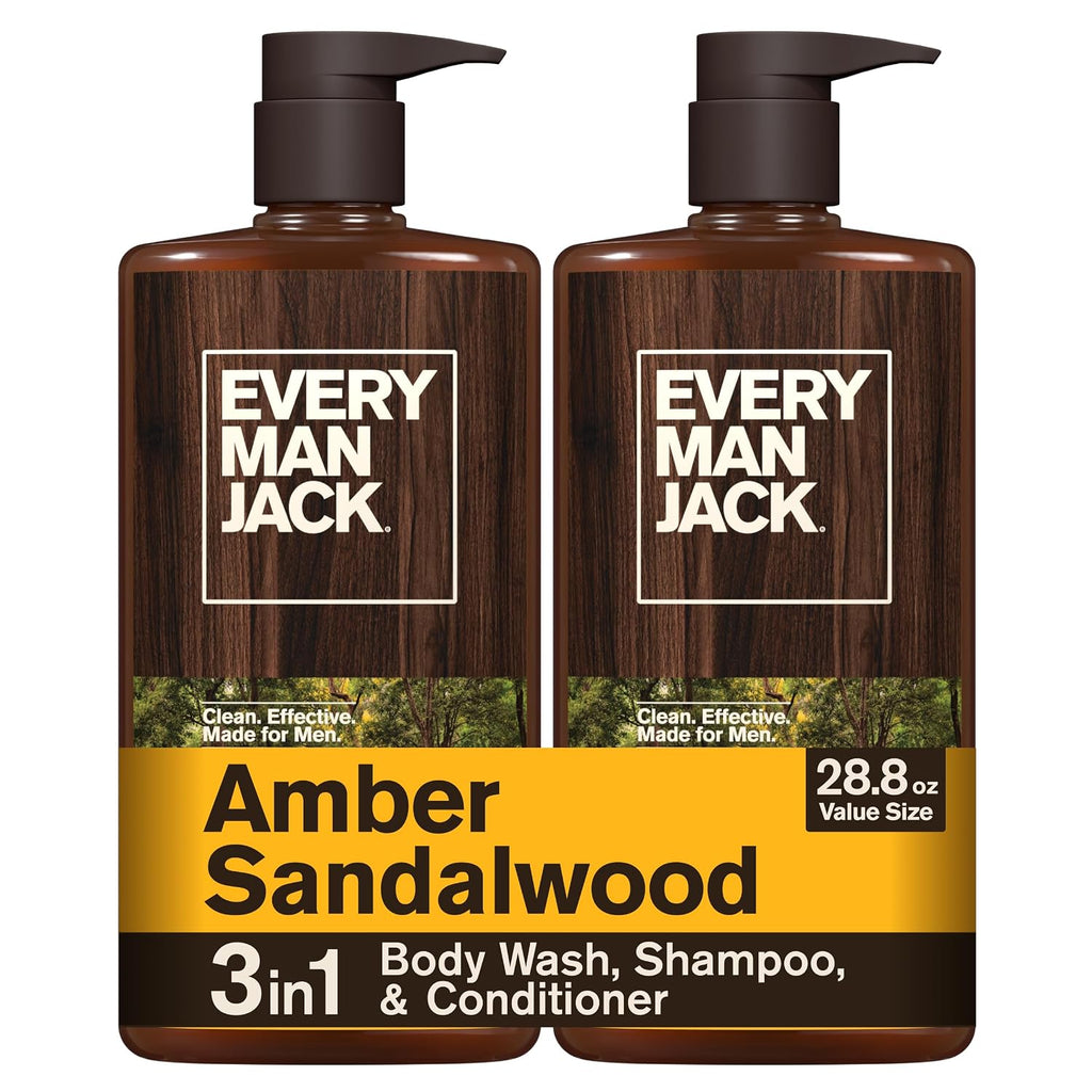 Every Man Jack 3-in-1 All Over Body Wash for Men, Amber Sandalwood, 2pk