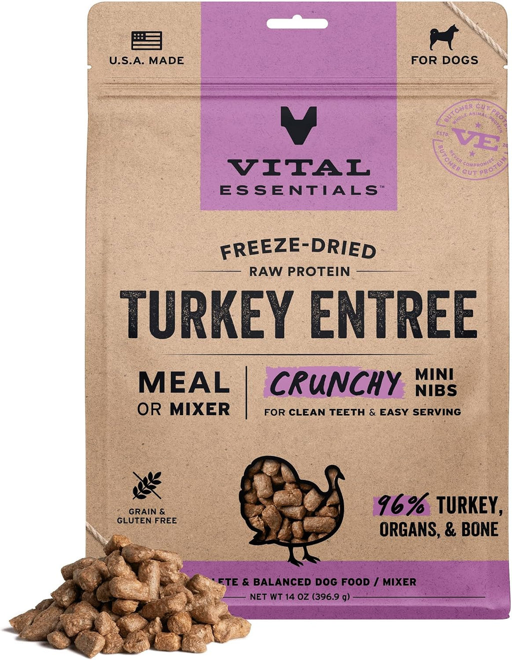 Vital Essentials Freeze Dried Dog Food, Turkey Crunchy Mini Nibs, 14 oz Bag