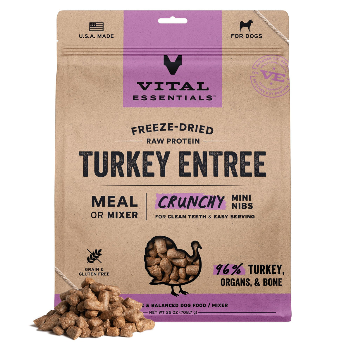 Vital Essentials Freeze Dried Dog Food, Turkey Crunchy Mini Nibs, 14 oz Bag