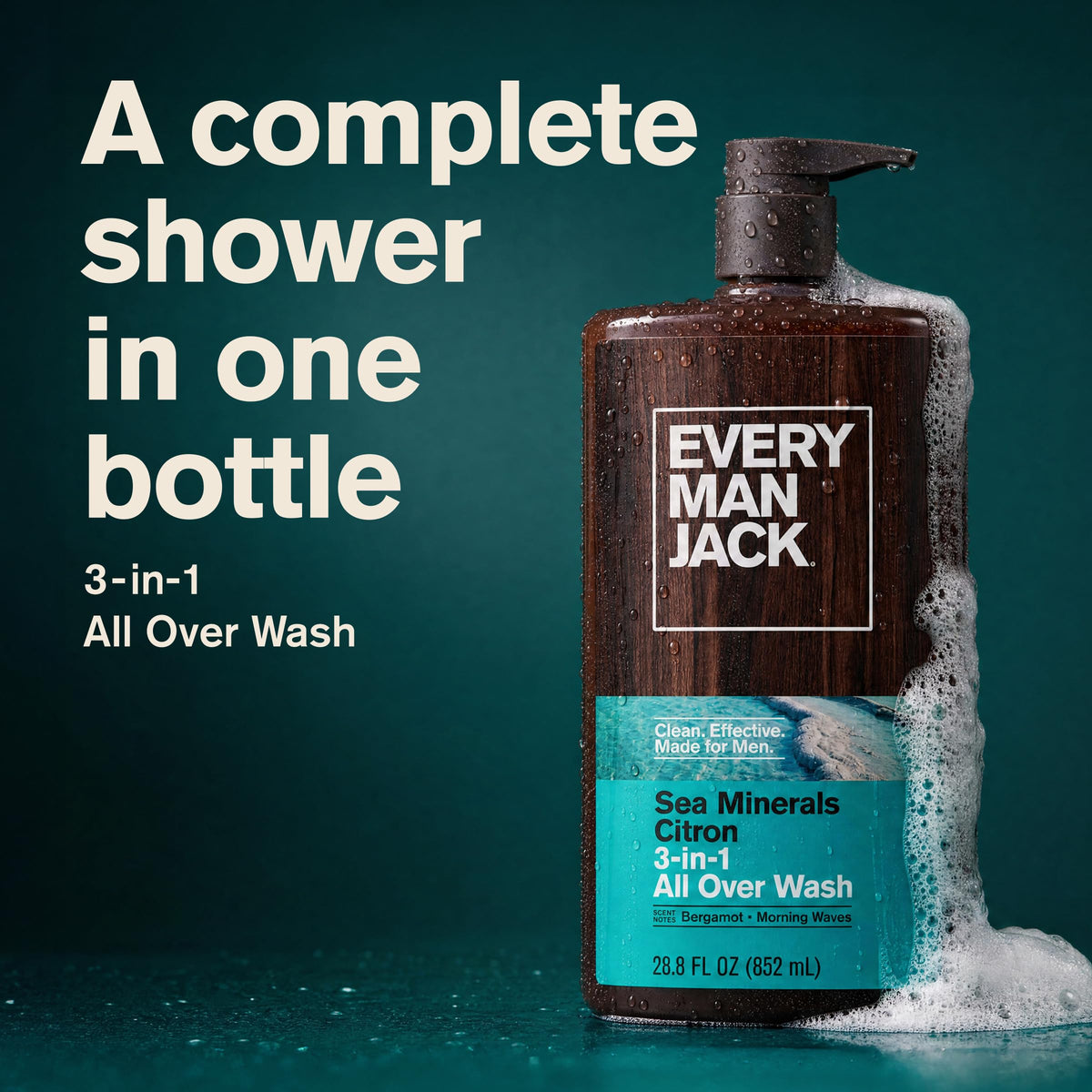 Every Man Jack 3-in-1 All Over Body Wash for Men, Amber Sandalwood, 2pk