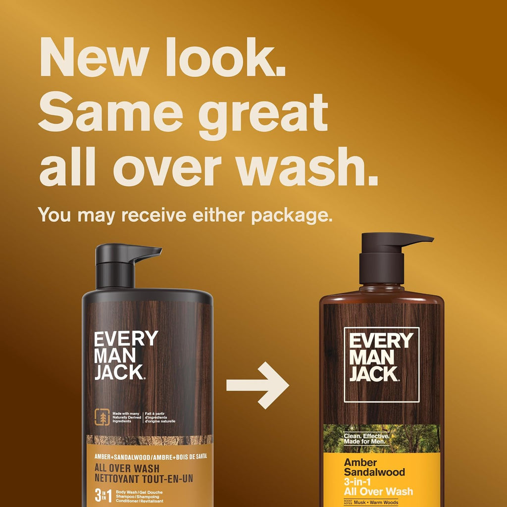 Every Man Jack 3-in-1 All Over Body Wash for Men, Amber Sandalwood, 2pk